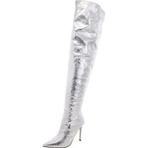 Steve Madden Womens Epic  Silver Faux Leather Over-The-Knee Boots Shoes NWOB